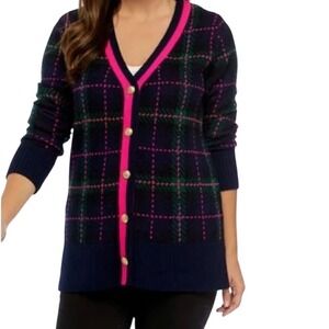 Crown & Ivy Women Plaid‎ Button Front Cardigan Sweater Sz Medium Navy Pink Green